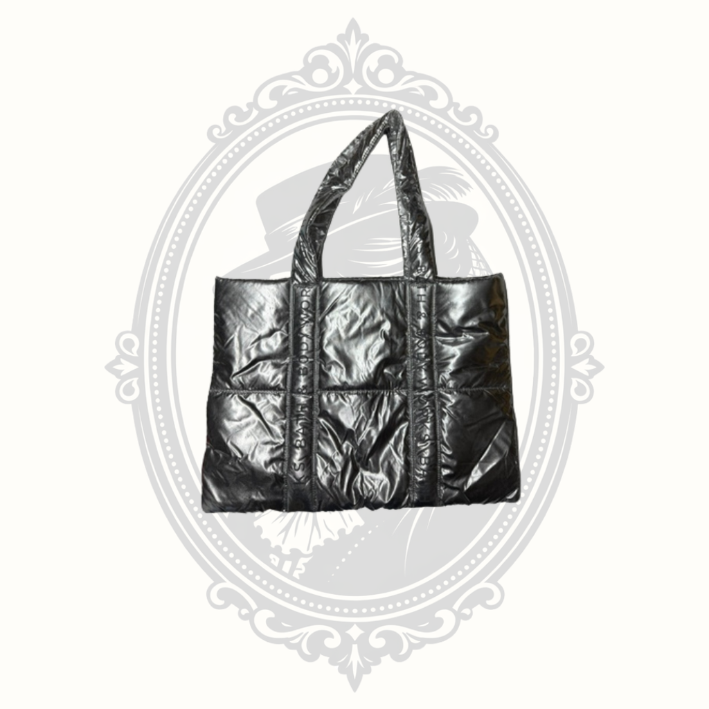 Bath & Body Works metallic gunmetal quilted puffer tote bag front view with padded shoulder straps.