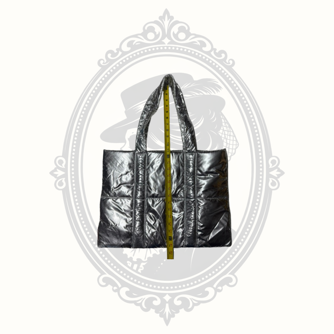 Bath & Body Works metallic quilted tote bag shown with height measurement.