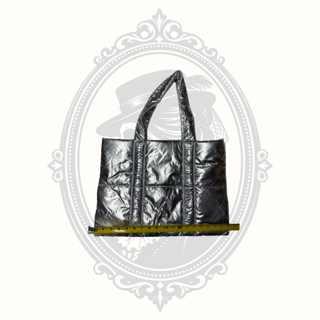 Bath & Body Works metallic quilted tote bag shown with width measurement.