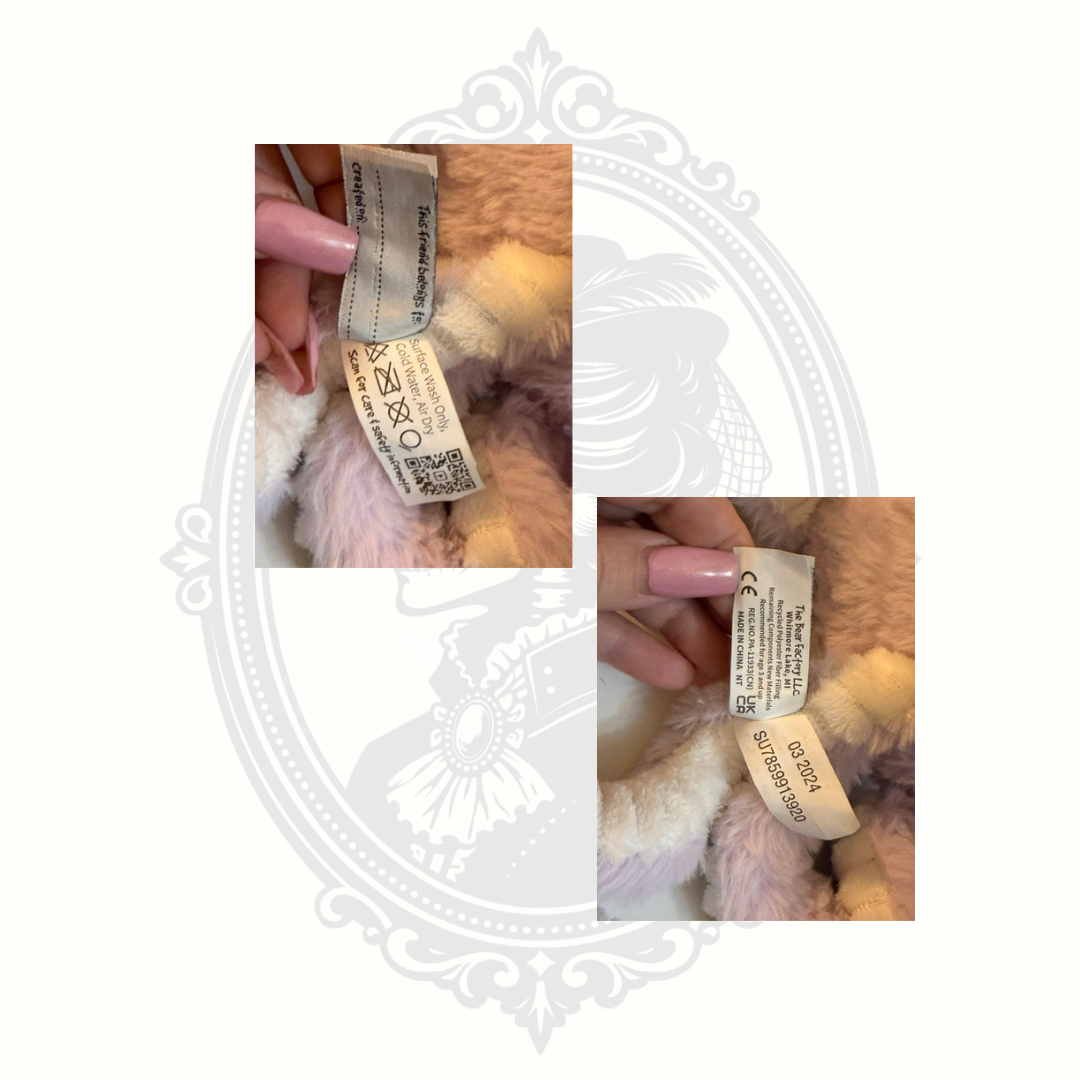 Product tags showing The Bear Factory branding and recycled fabric materials.
