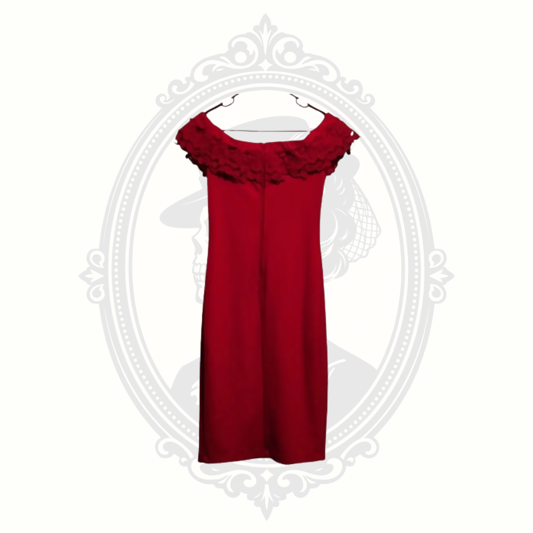 Back view of a red Bisou Bisou midi dress with floral neckline detailing and midi-length silhouette.
