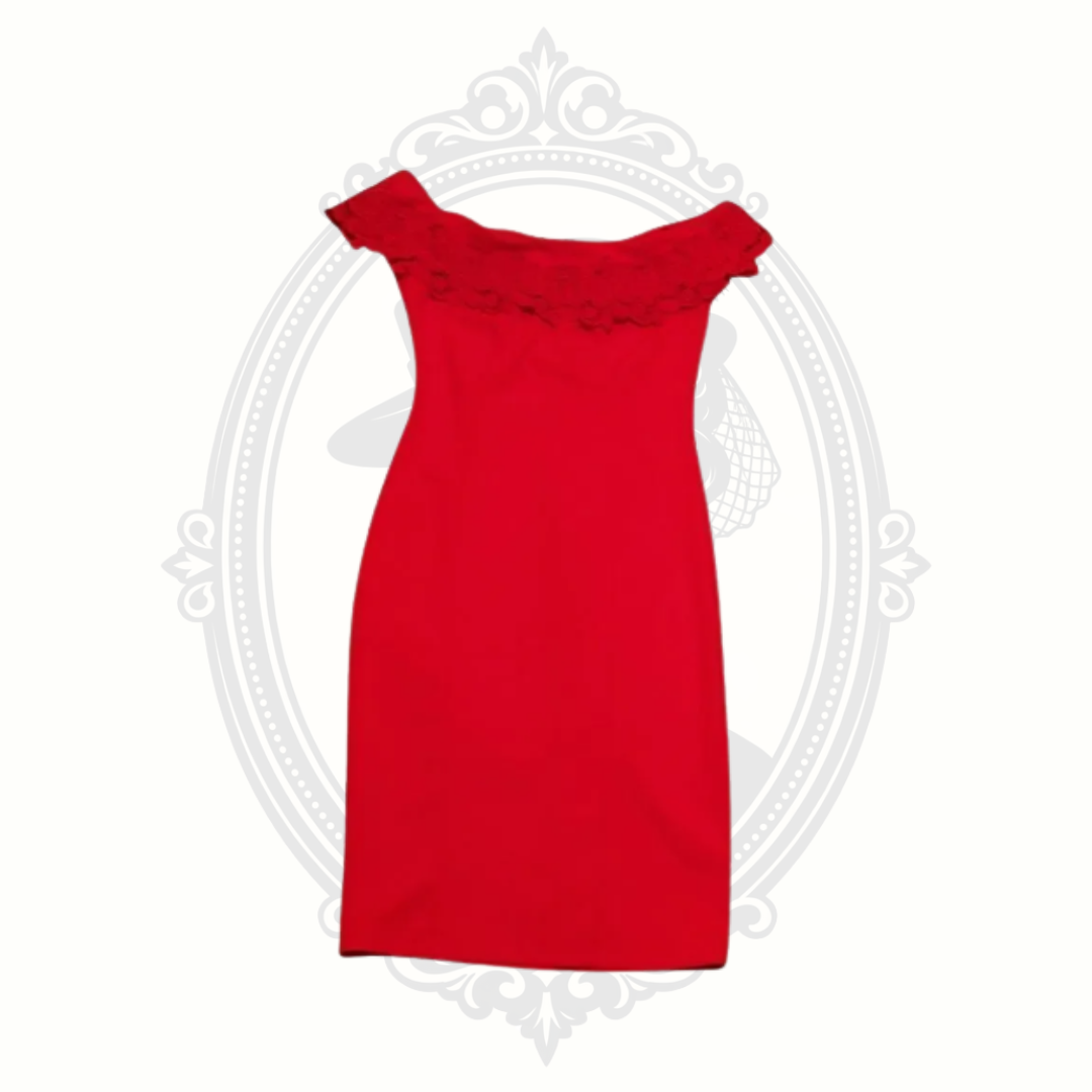 Front view of an elegant red Bisou Bisou midi dress featuring floral neckline embellishment and fitted silhouette.