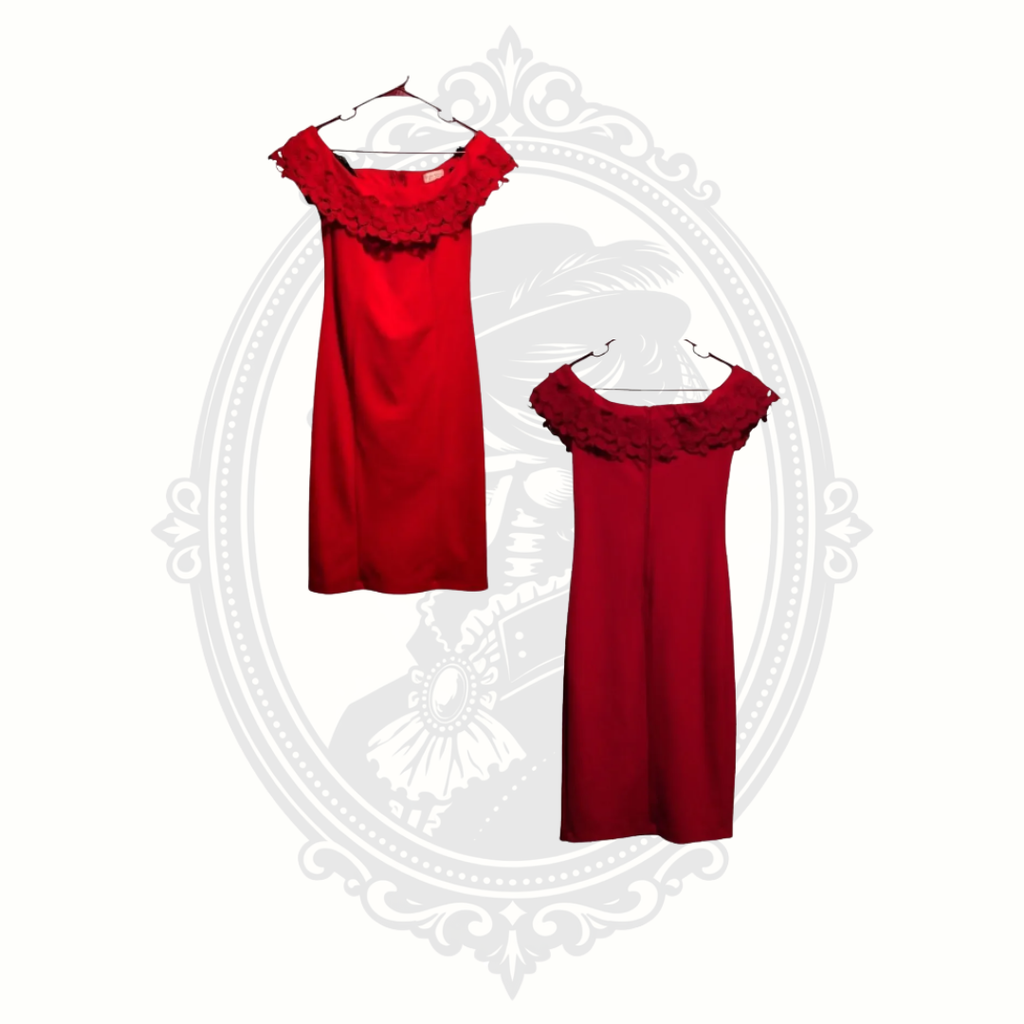 Front and back comparison views of a red Bisou Bisou midi dress with floral neckline accents.