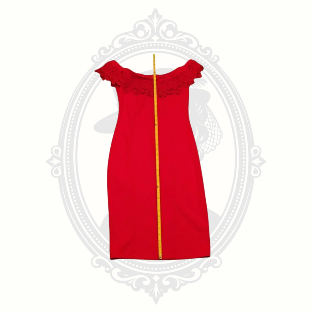 Full front view of a red Bisou Bisou midi dress with floral neckline detail and measurement overlay.