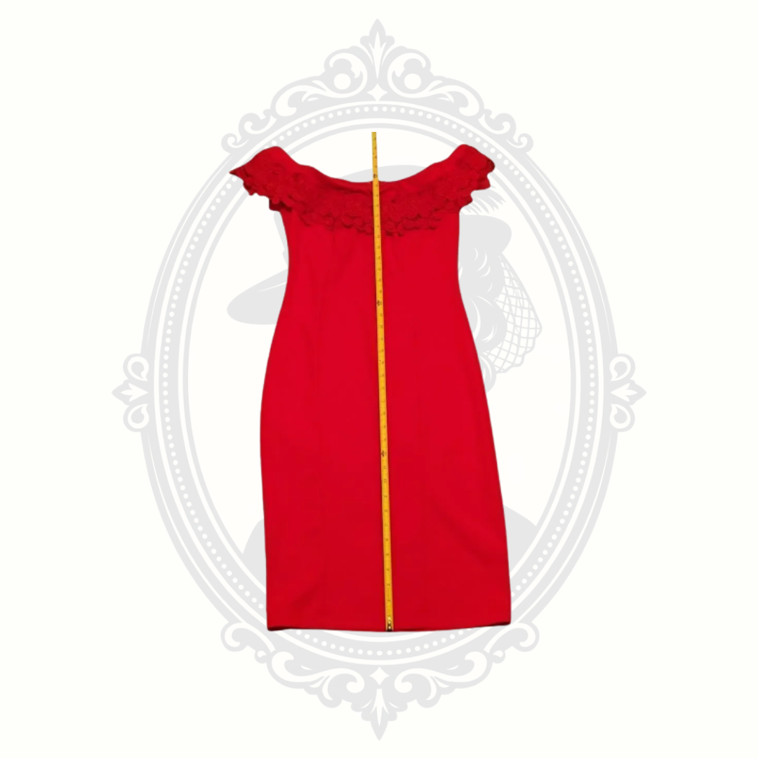 Full front view of a red Bisou Bisou midi dress with floral neckline detail and measurement overlay.