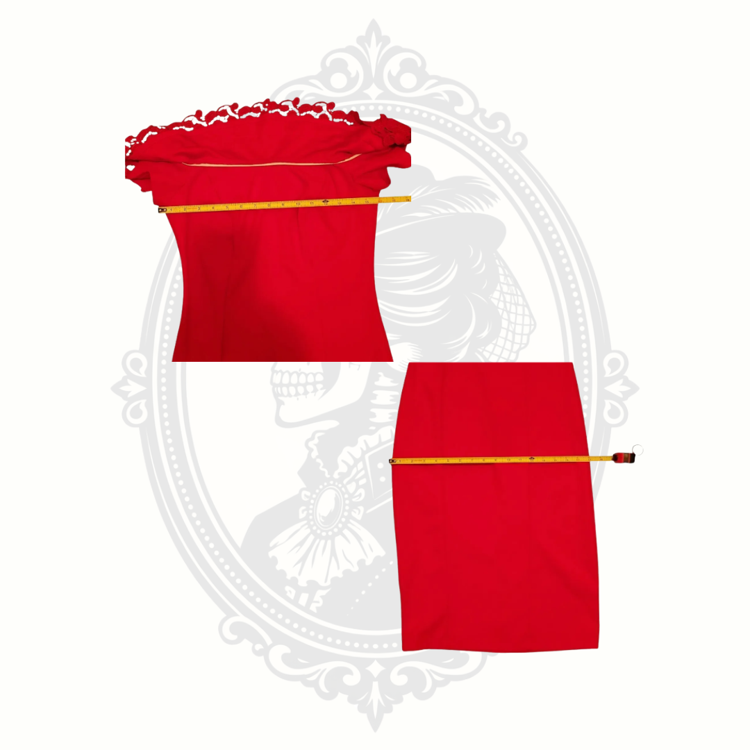 Measurement views of a red Bisou Bisou midi dress showing bust and waist dimensions with measuring tape.