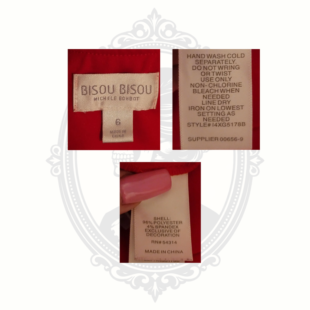 Collage showing Bisou Bisou dress brand label, size tag, fabric content, and care instruction tags for a red midi dress.