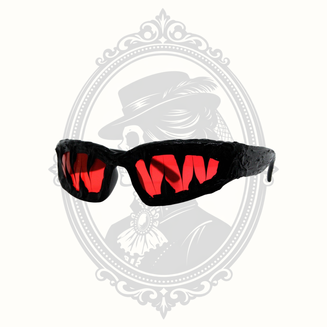 Black novelty sunglasss with red lenses on the Mrs. Bones Logo Background