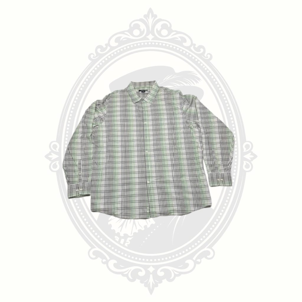 Claiborne Men's XXL Green Gray Plaid Long Sleeve Button Front Shirt 100% Cotton