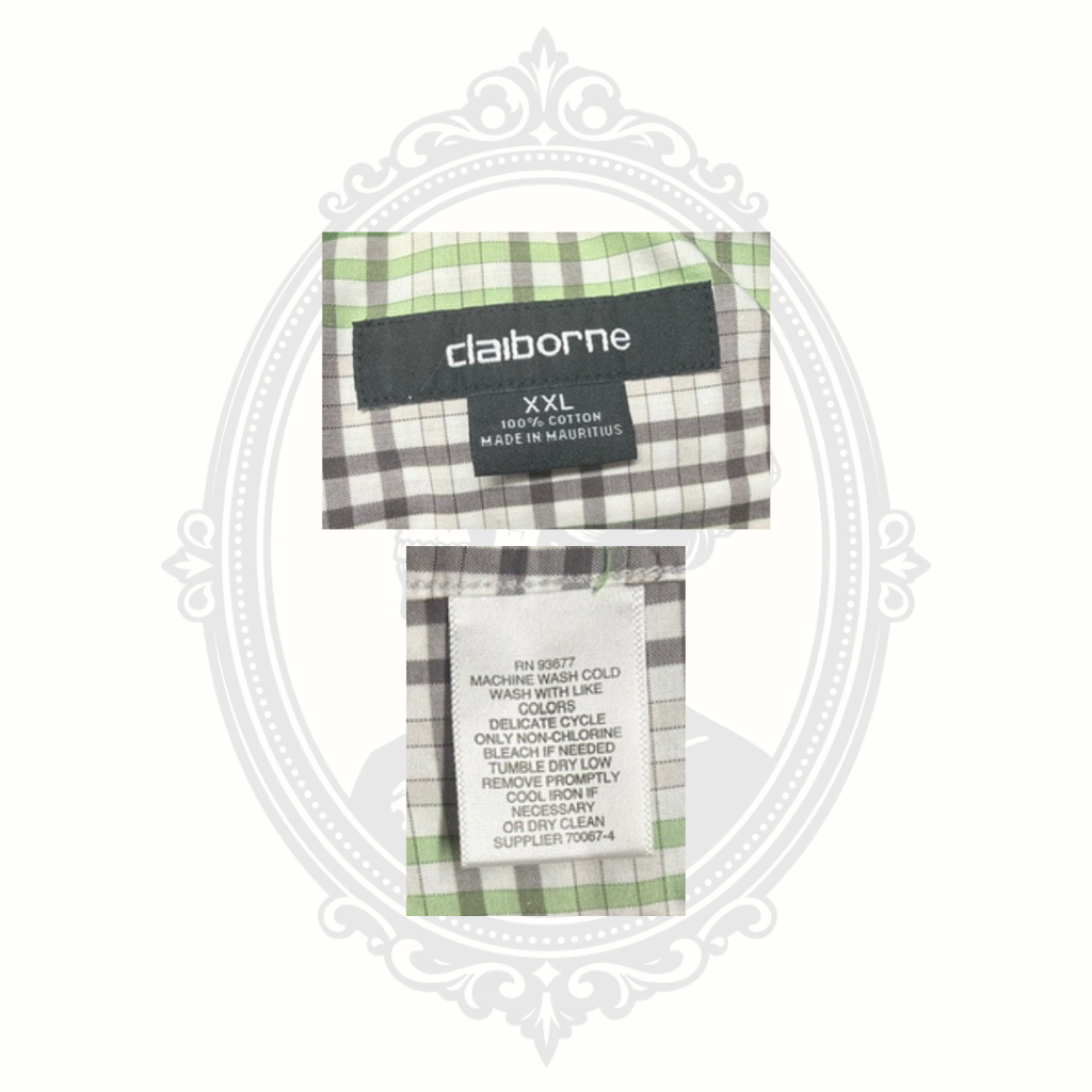 Claiborne Men's XXL Green Gray Plaid Long Sleeve Button Front Shirt 100% Cotton