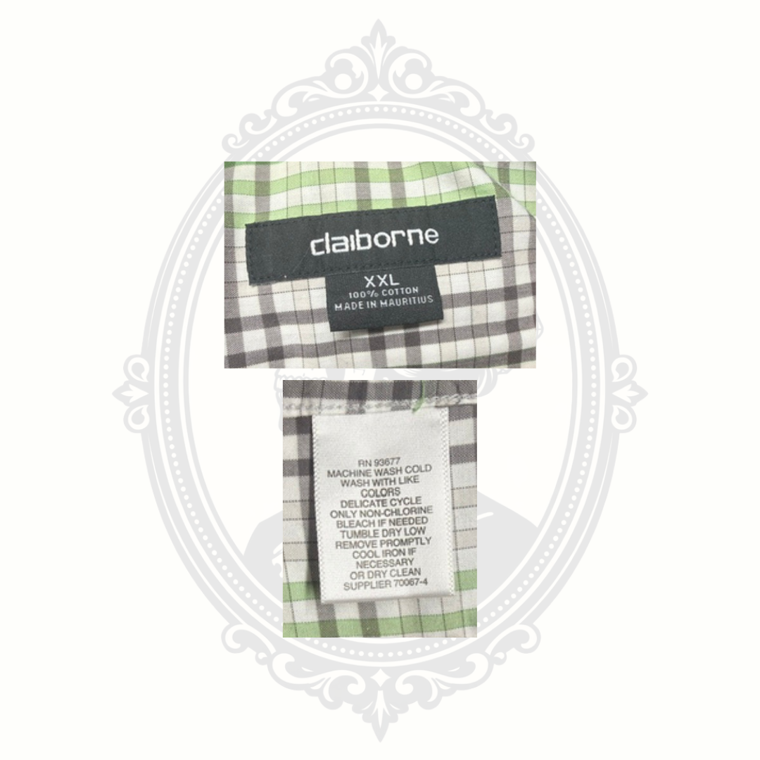 Claiborne Men's XXL Green Gray Plaid Long Sleeve Button Front Shirt 100% Cotton