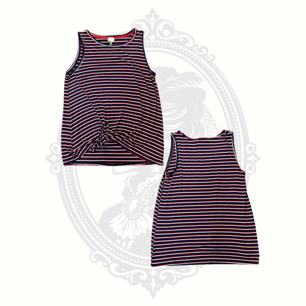 Cupio Red White Blue Striped Twist Front Sleeveless Tank Top Size Large