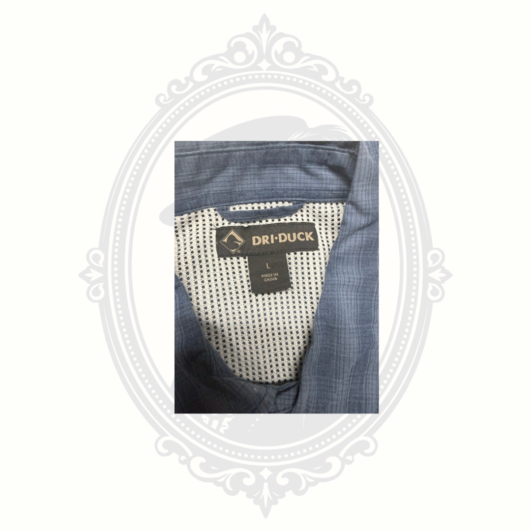 DRI-DUCK Men's Blue Plaid Performance Button-Up Shirt Large – Vented Back – Outdoor Hiking Fishing