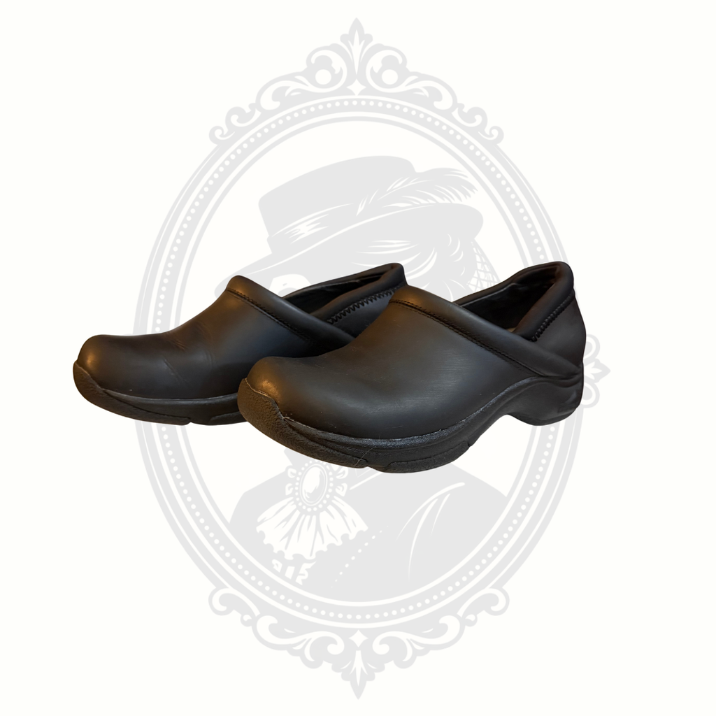 Side view of black Dansko slip resistant comfort clogs size 39