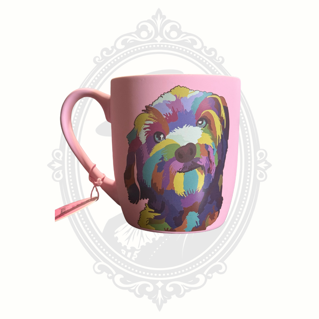Pink DesirableSip stoneware coffee mug featuring a vibrant multicolor dog portrait with original hang tag attached.