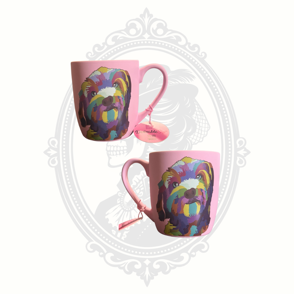 Multiple views of a pink DesirableSip stoneware mug featuring a colorful dog portrait and original hang tag.