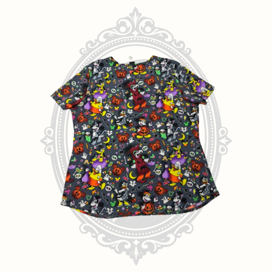 Disney Halloween Scrub Top Women's Large Mickey & Friends Spooky Print Medical Uniform