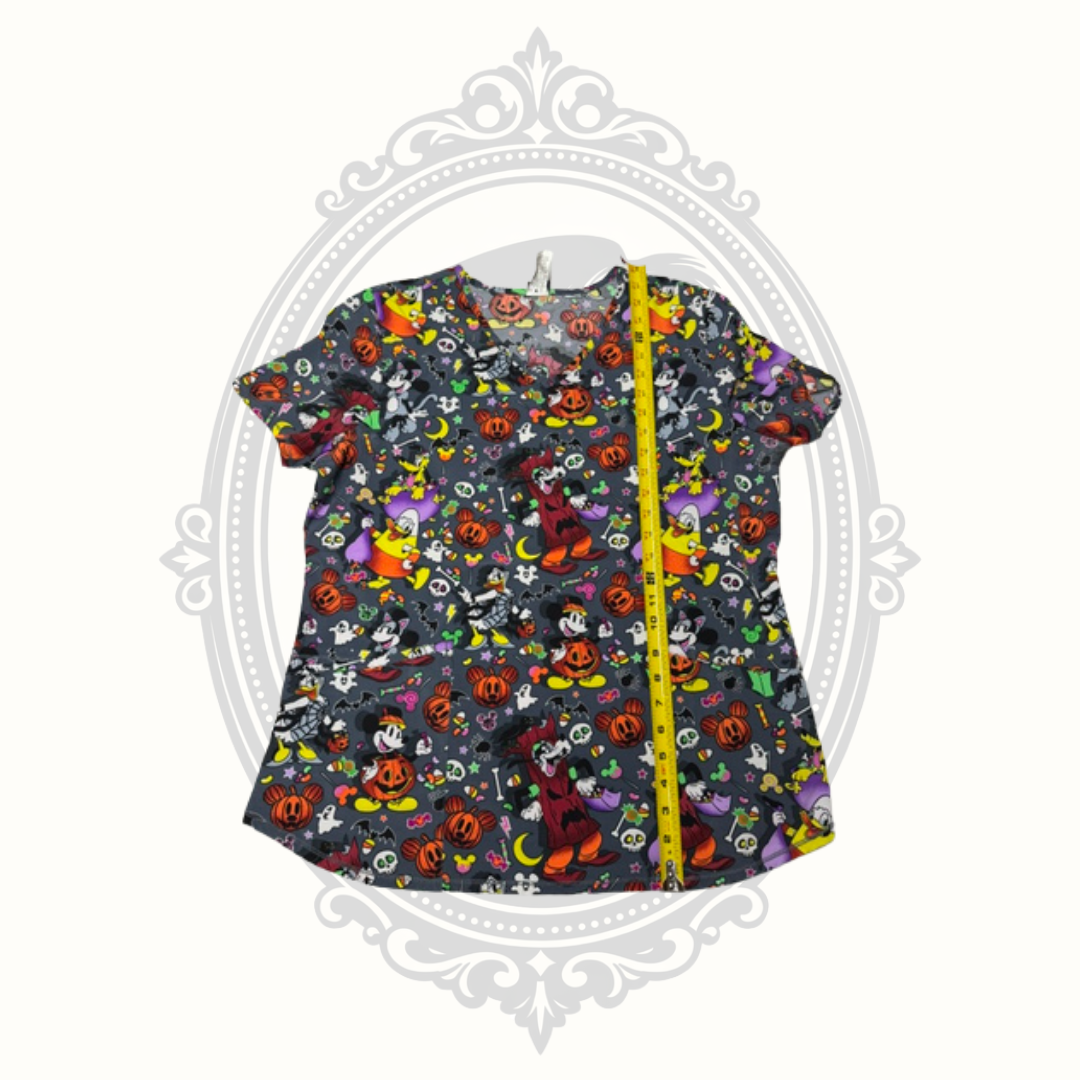 Disney Halloween Scrub Top Women's Large Mickey & Friends Spooky Print Medical Uniform