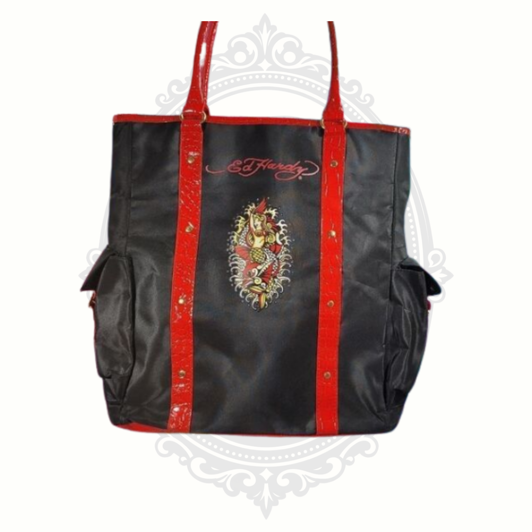 Ed Hardy tote bag with tattoo graphic design and red trim front view