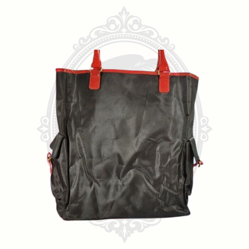 Black Ed Hardy tote bag with red handles and side pockets back view