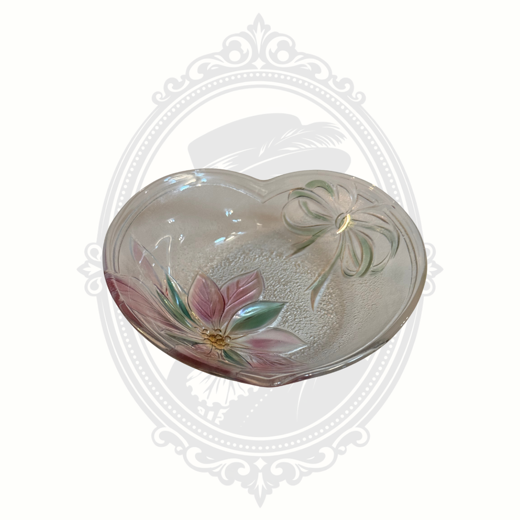 Vintage-style floral heart trinket dish made from frosted textured glass.