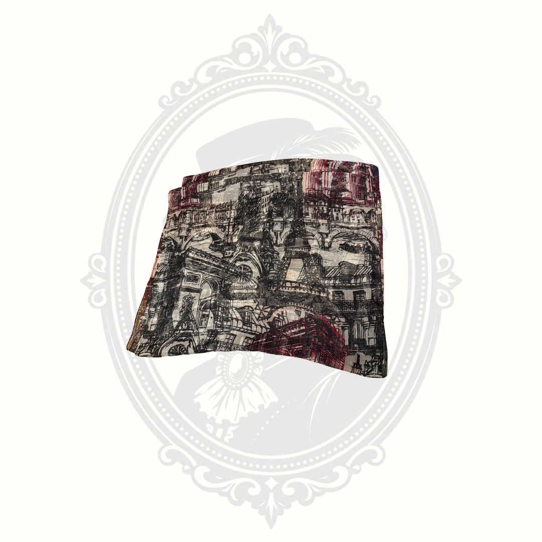 Folded lightweight Paris print fashion scarf with black and burgundy architectural cityscape design
