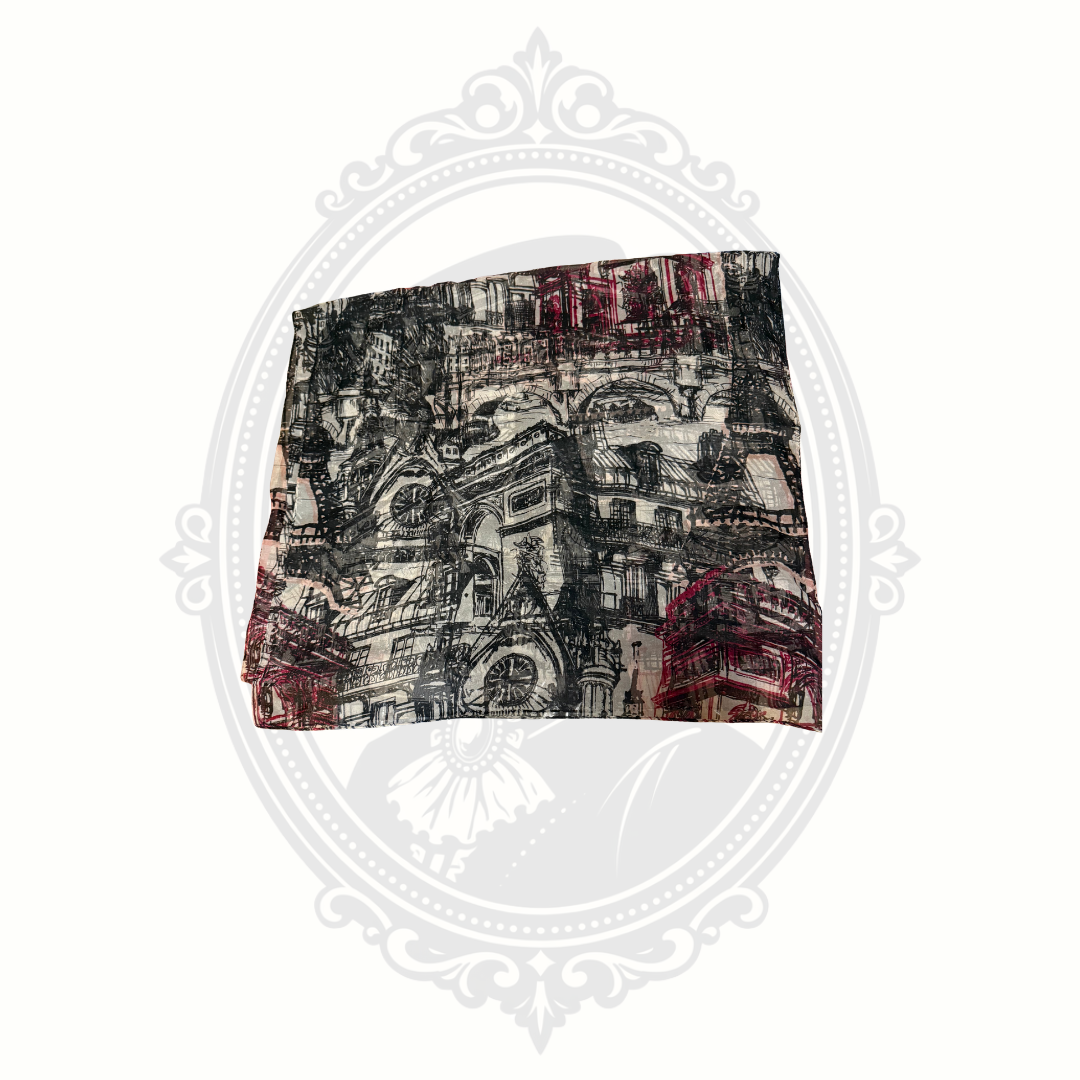 Folded lightweight Paris print fashion scarf with black and burgundy architectural cityscape design