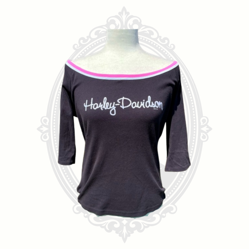 Front display view of vintage Harley-Davidson Y2K pink graphic black tank top.