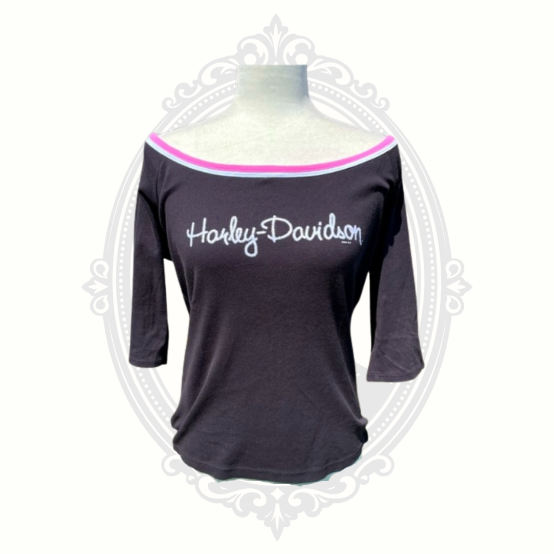 Front display view of vintage Harley-Davidson Y2K pink graphic black tank top.