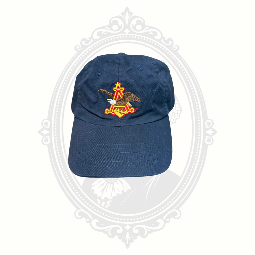Front view of Budweiser navy baseball cap with embroidered eagle brewery logo