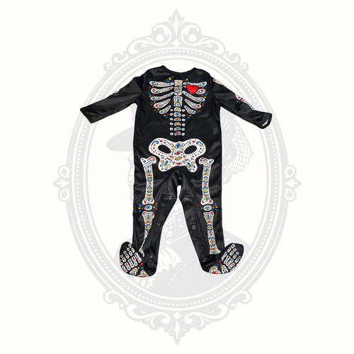 Front view of black baby skeleton costume with attached footies and colorful sugar skull design