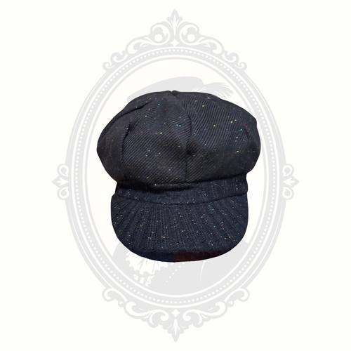 Front view of girls black knit newsboy cap with multicolor sparkle detail