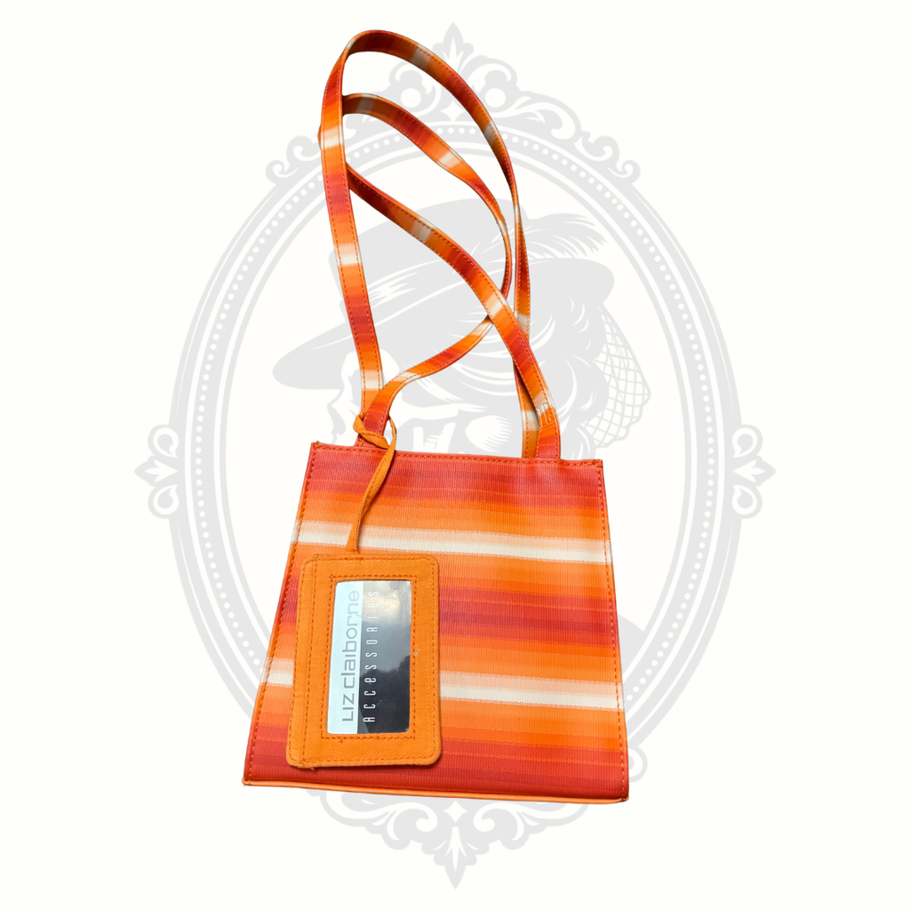 Front view of orange sunset stripe Liz Claiborne mini tote bag with attached logo tag