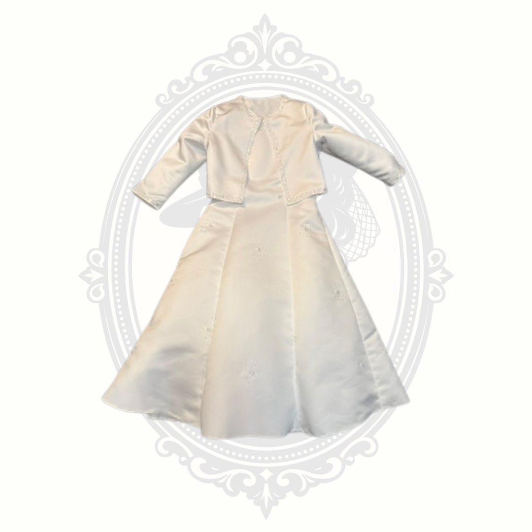 Girls White Satin Formal Dress with Bolero Jacket Size 10 Flower Girl First Communion Wedding Pageant