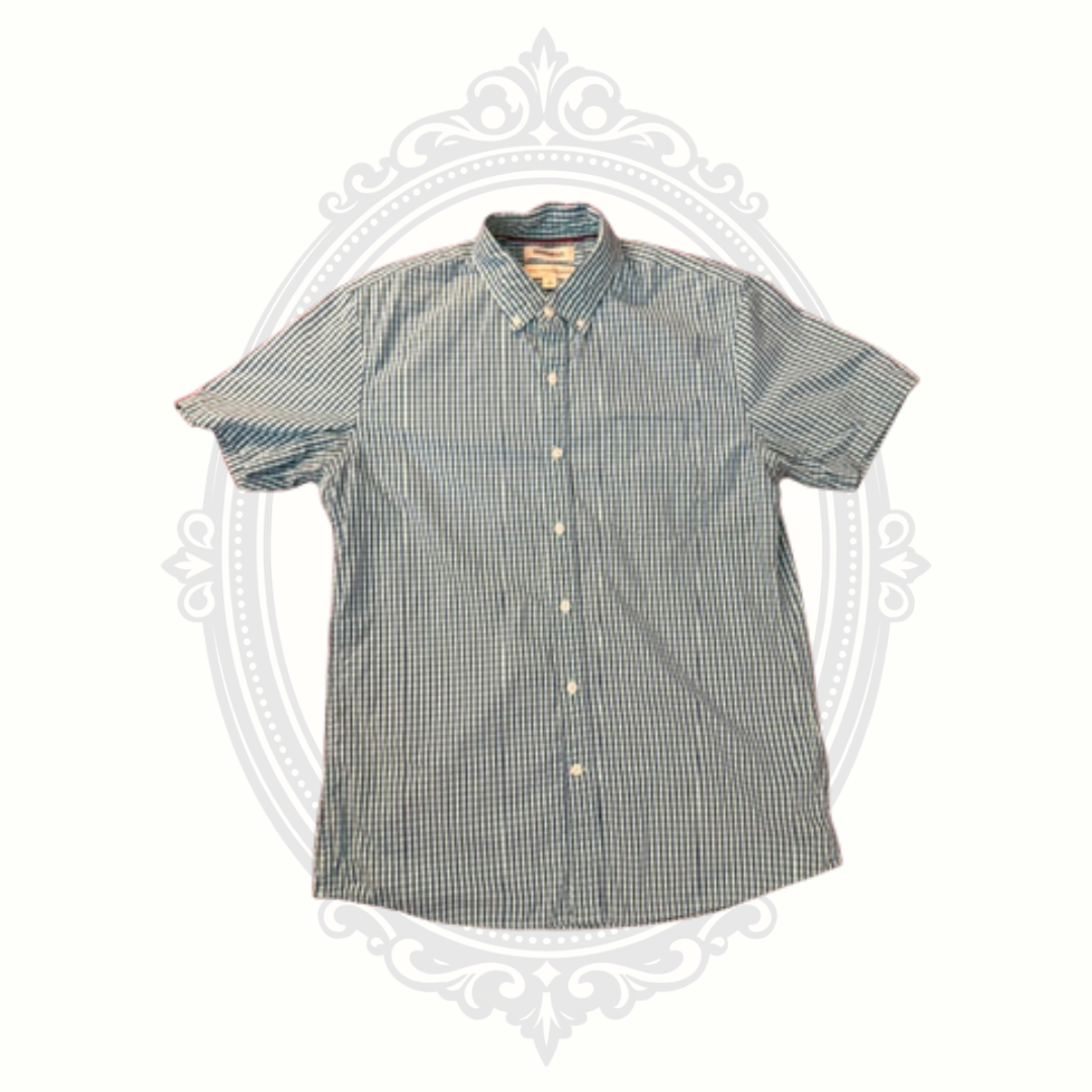 Goodthreads Men's Blue & Green Gingham Short Sleeve Button-Down Shirt – Medium – 100% Cotton