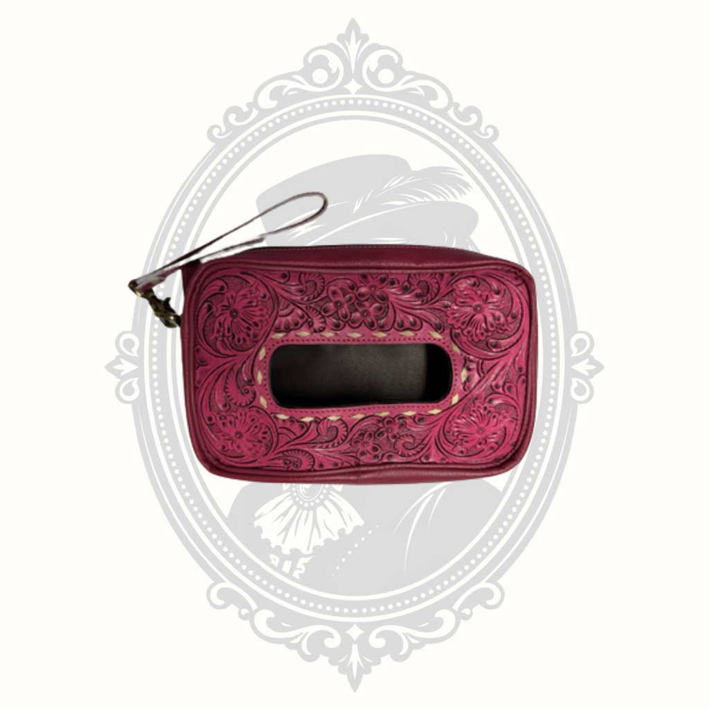 Hand Tooled Genuine Leather Rose Pink Floral Tissue Box Cover Holder Western Décor