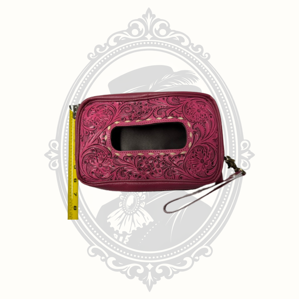 Hand Tooled Genuine Leather Rose Pink Floral Tissue Box Cover Holder Western Décor