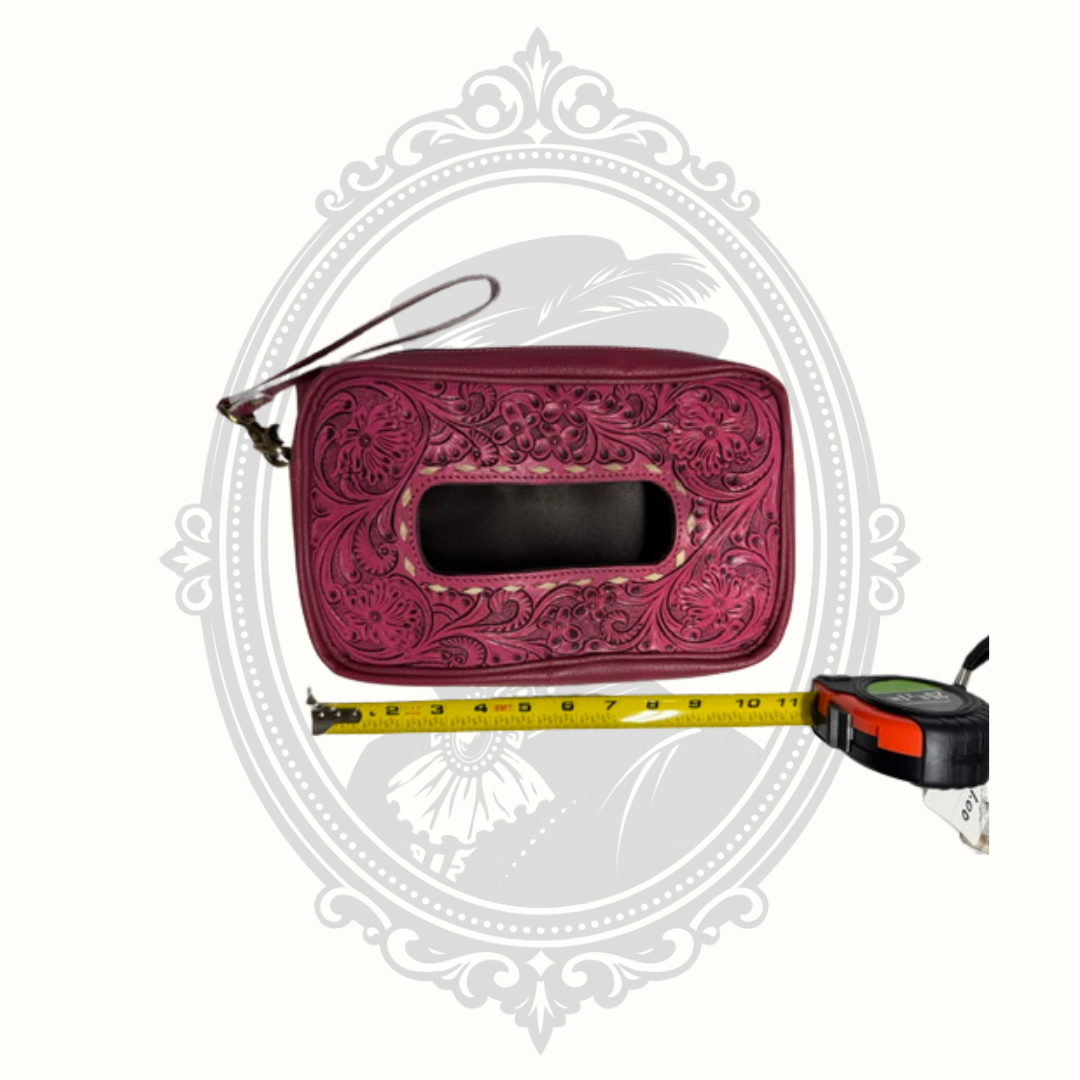 Hand Tooled Genuine Leather Rose Pink Floral Tissue Box Cover Holder Western Décor