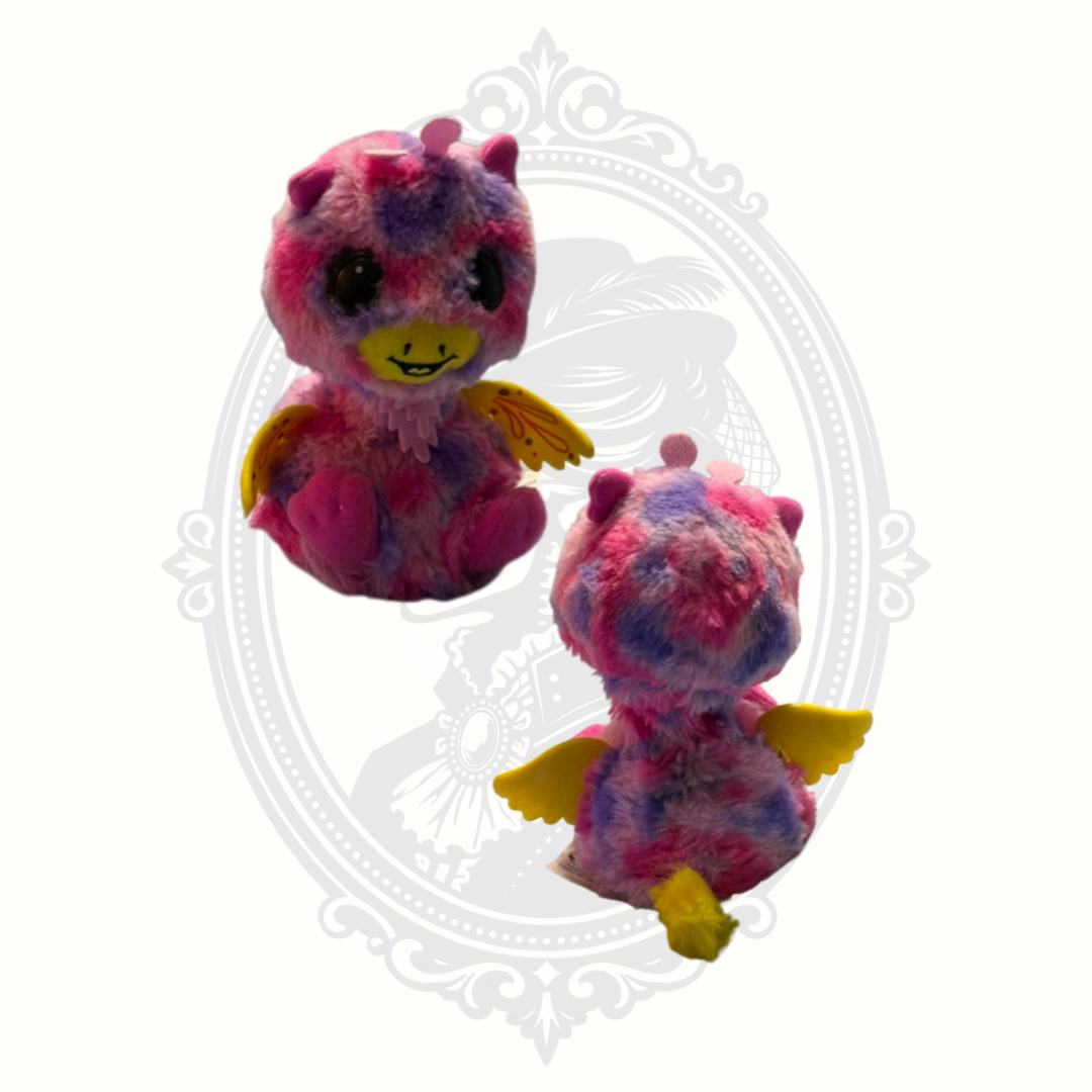 Front and back views of Hatchimals Pixies Hatchtopia interactive flying dragon plush toy