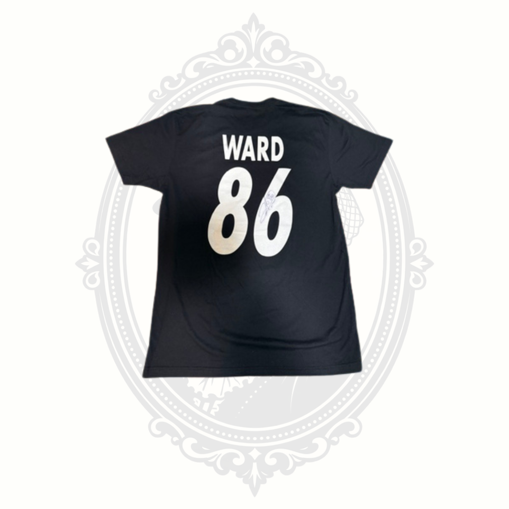 Back view of black Hines Ward South Side 86 bar t-shirt featuring large number 86 graphic and autograph detail.