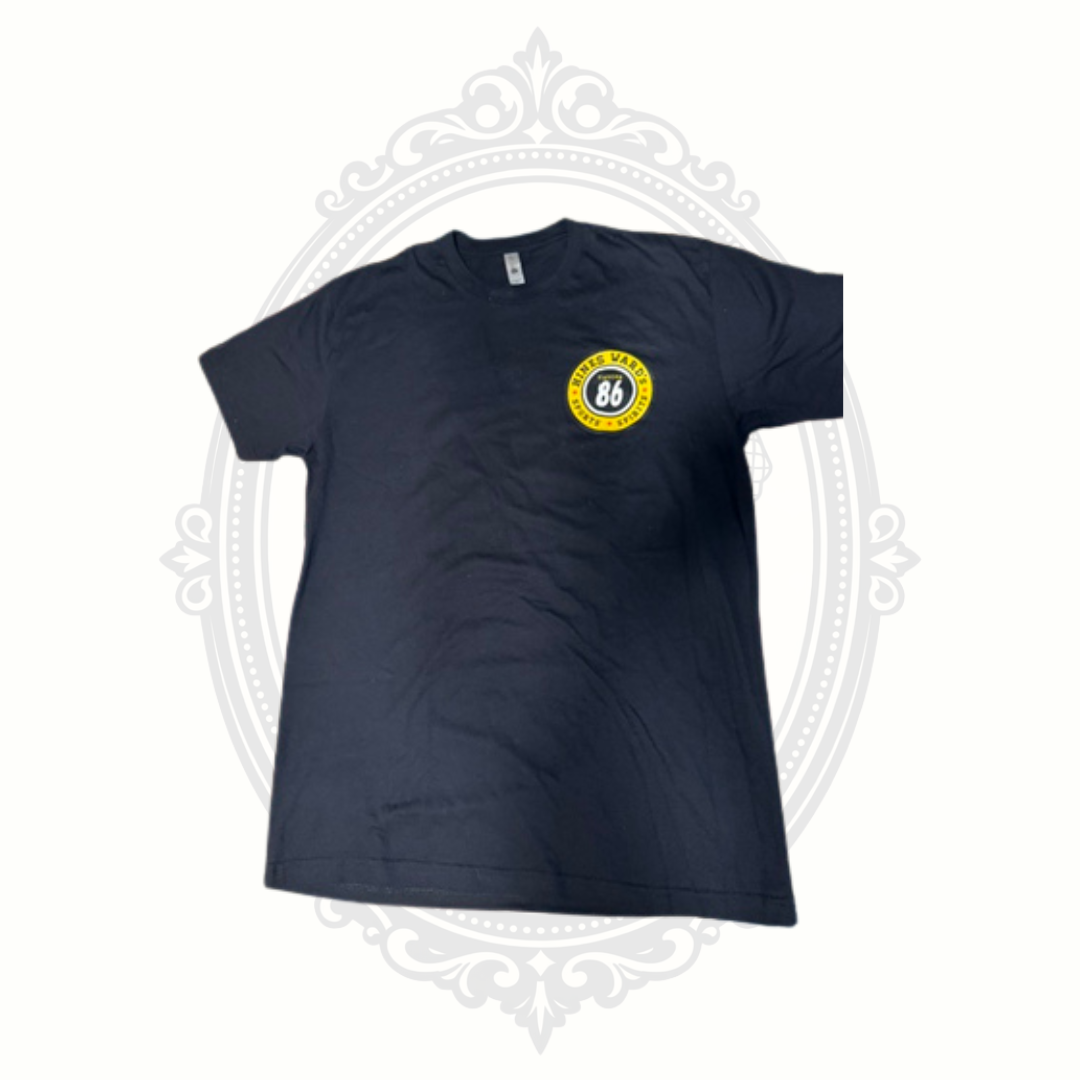 Front view of black Hines Ward South Side 86 bar t-shirt with Pittsburgh football-inspired design.