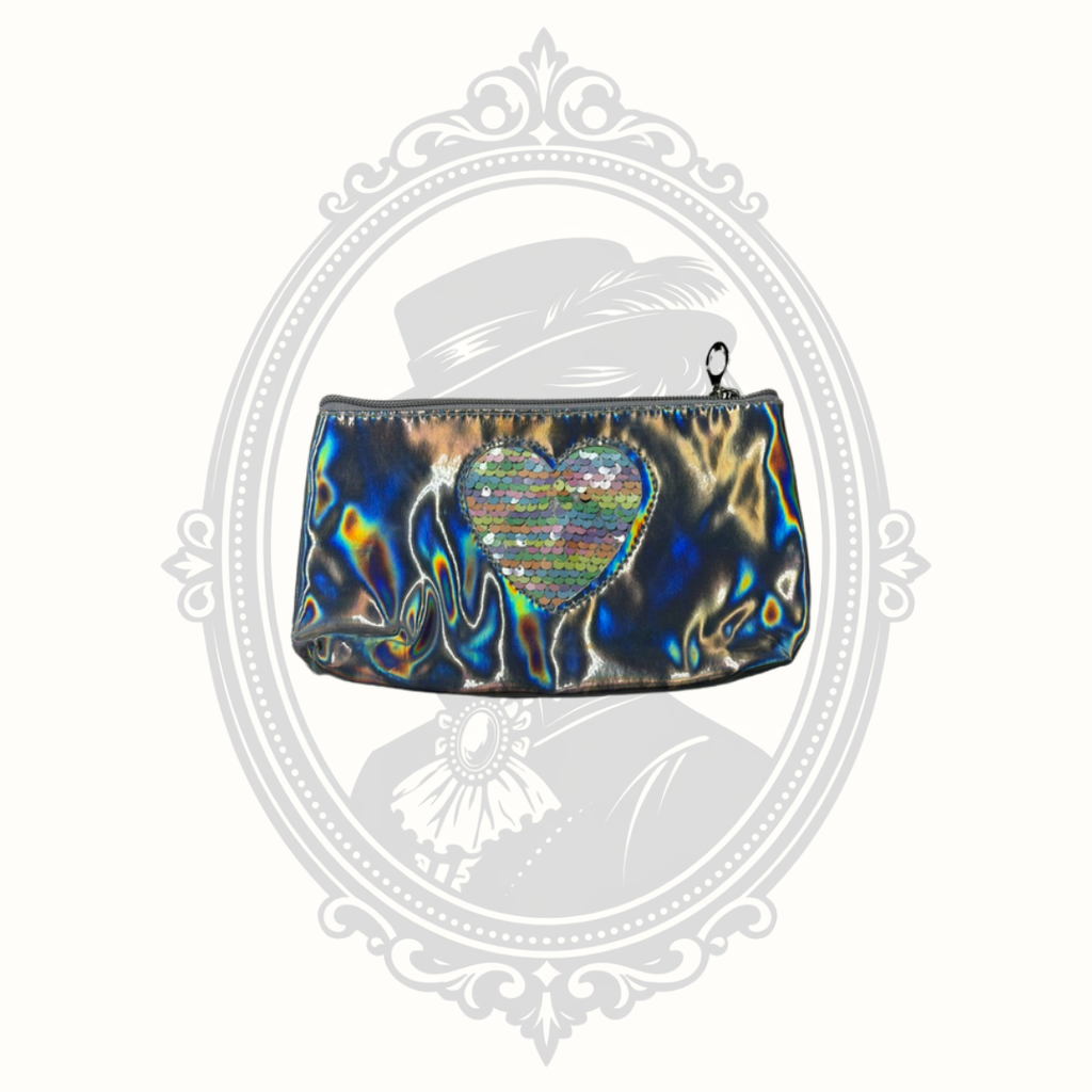 Holographic Cosmetic Makeup Bag with Reversible Sequin Heart Zipper Pouch