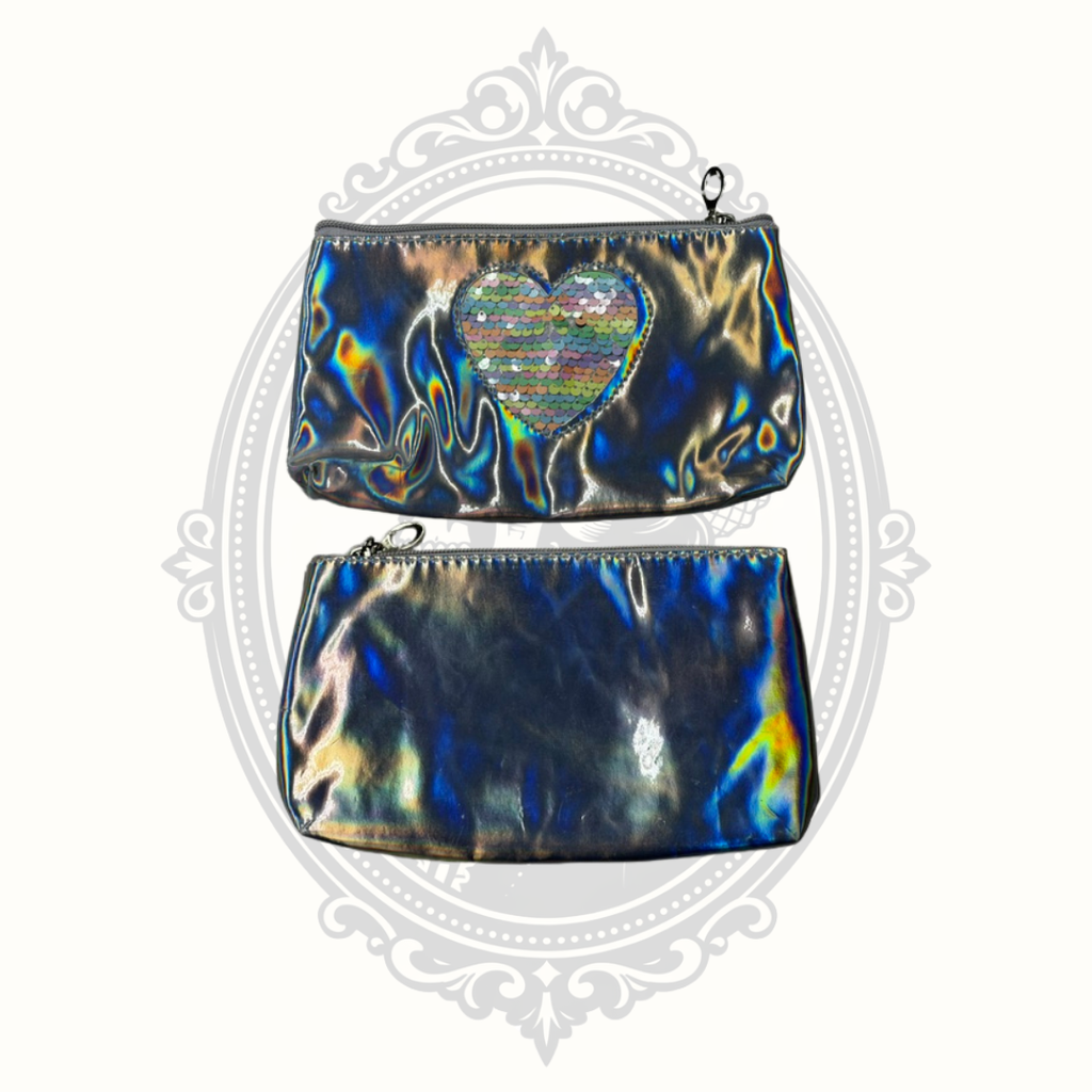 Holographic Cosmetic Makeup Bag with Reversible Sequin Heart Zipper Pouch