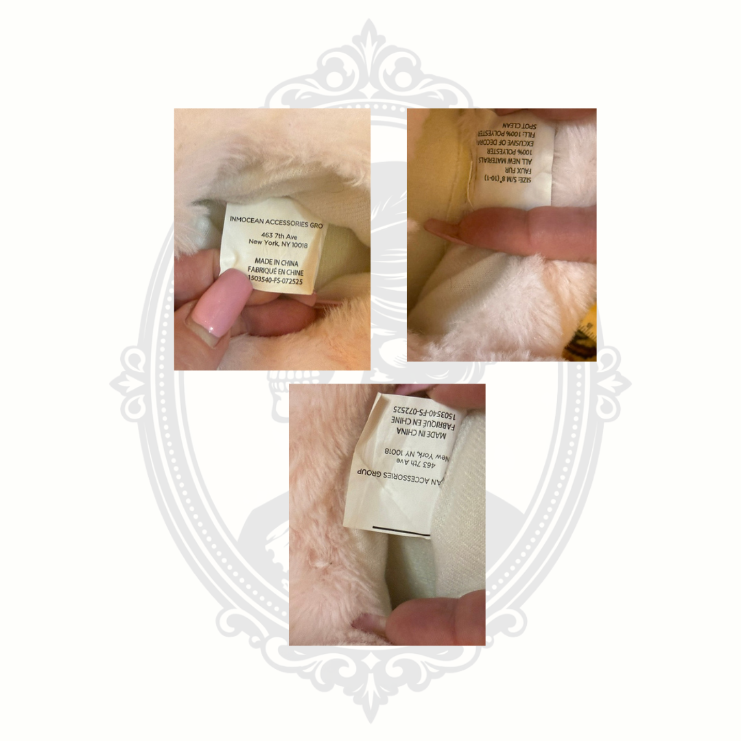 Interior manufacturing and sizing tags inside pink bunny slippers