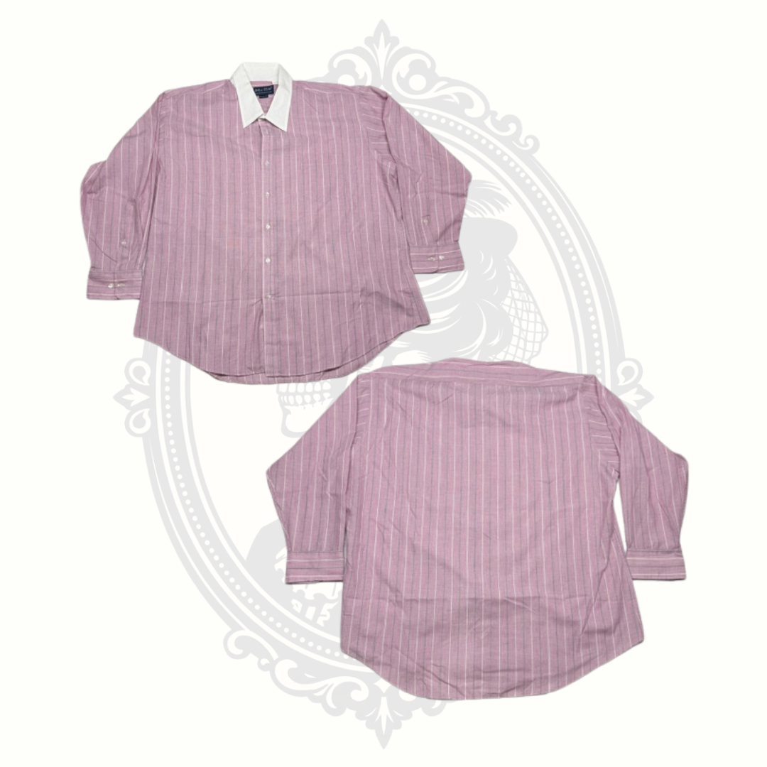 John Blair Men's Pink Striped Button Front Dress Shirt White Collar Size 18 32/33