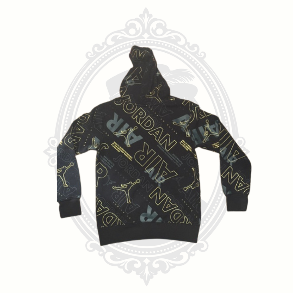Jordan Youth Medium Black Gold Allover Logo Pullover Hoodie Size 10-12