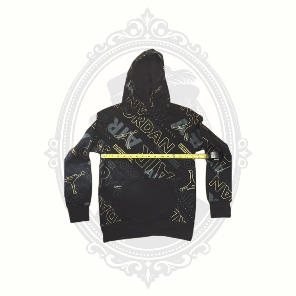 Jordan Youth Medium Black Gold Allover Logo Pullover Hoodie Size 10-12