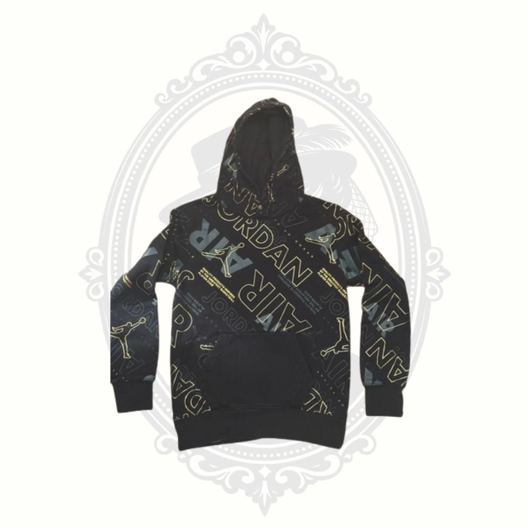 Jordan Youth Medium Black Gold Allover Logo Pullover Hoodie Size 10-12