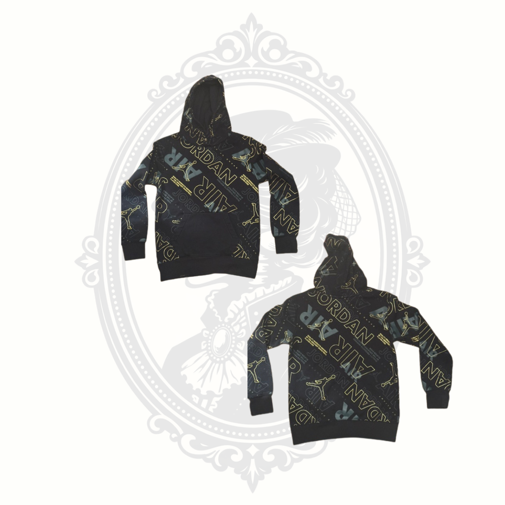 Jordan Youth Medium Black Gold Allover Logo Pullover Hoodie Size 10-12