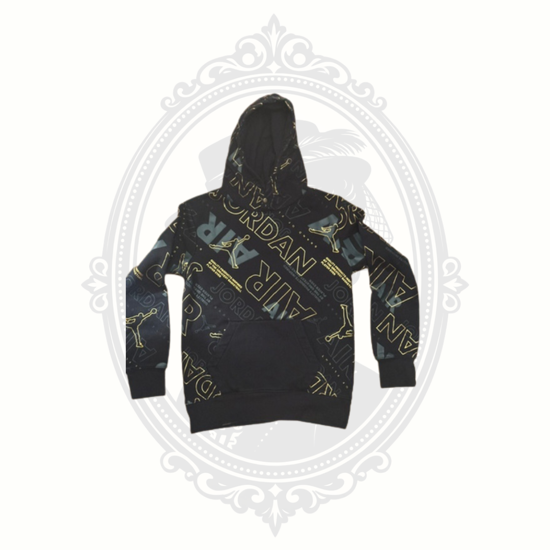 Jordan Youth Medium Black Gold Allover Logo Pullover Hoodie Size 10-12